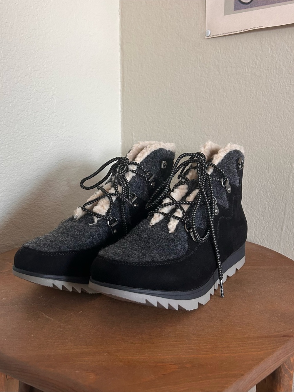 Women’s Black and Gray Faux-Fur Lace-Up Winter Ankle Boots